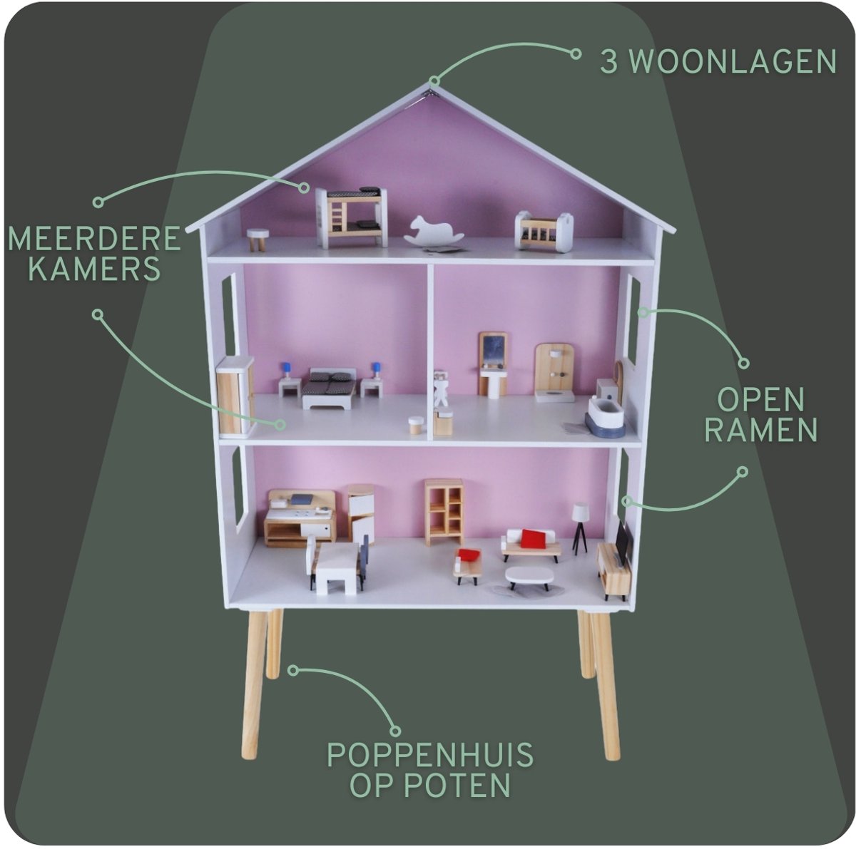 Bandits & Angels Houten Poppenhuis Wit Roze Modern Villa vanaf 3 jaar 115,5 cm hoog - Inclusief 47 meubeltjes - Poppen Huis - Poppen Speelgoed — afbeelding 3