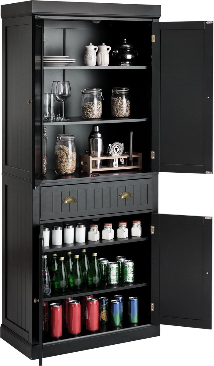 GOPLUS Houten keukenkast, 190 cm, hoge kast met 4 deuren en open planken, buffetkast, voorraadkast voor keuken, woonkamer en badkamer, 56 x 30 x 190 cm