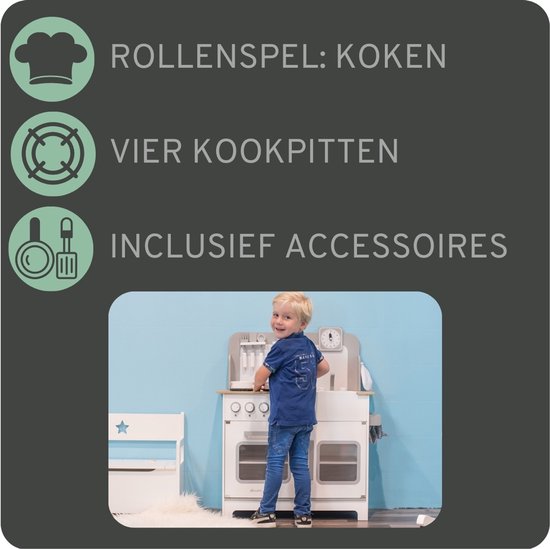 Bandits & Angels Houten Kinderkeuken Chef Deluxe XL White vanaf 3 jaar voor Jongens en Meisjes - Aanrechthoogte 59 cm - incl. 9 Accessoires - Kinder Keuken Wit - Keukentje Hout