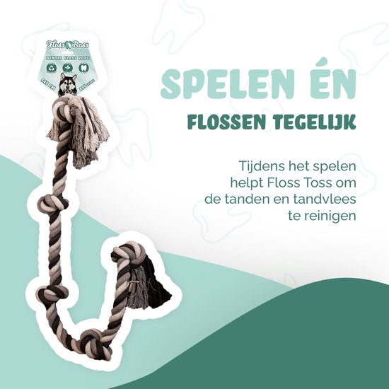Twee touwspeeltjes van grijs en wit katoen, een kleinere met witte hond en een grotere met Malamute op verpakking. Tekst: VERSCHILLENDE MATEN.