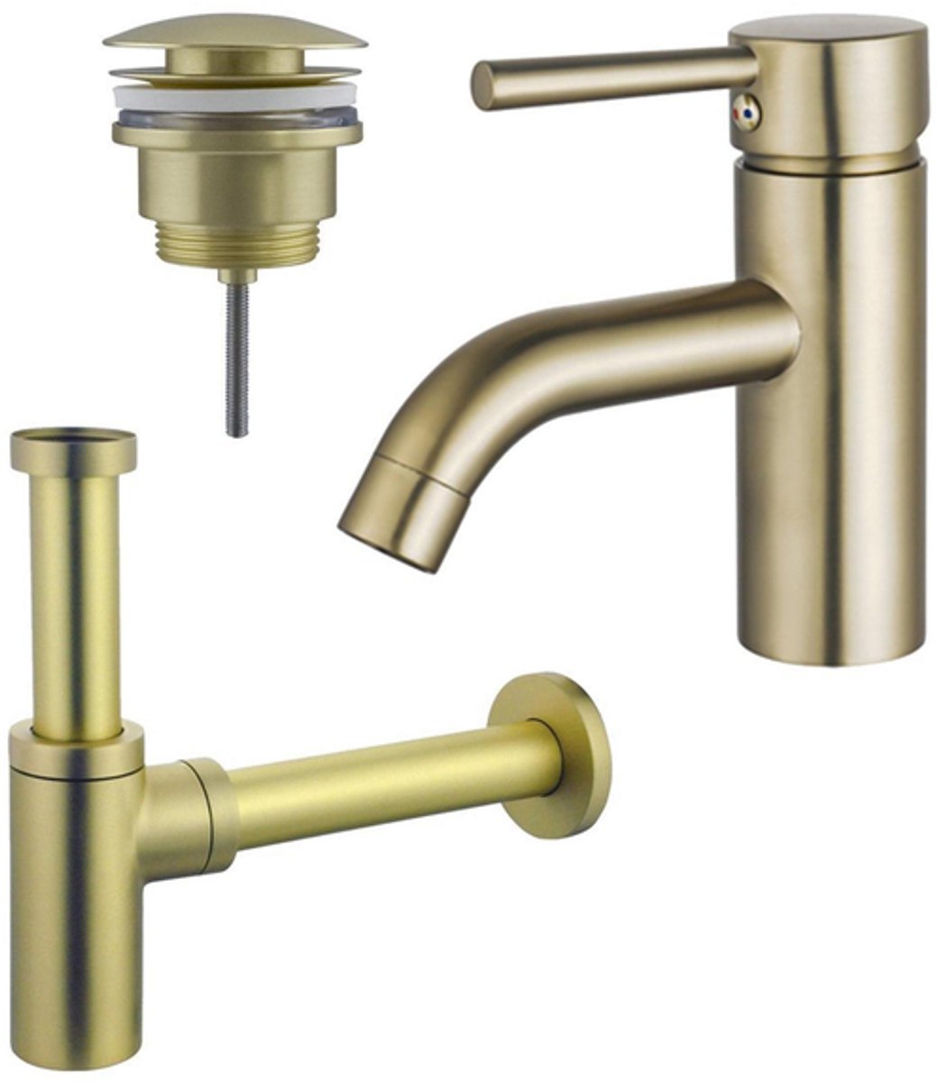 FugaFlow Eccelente Sobrado Badkamer Wastafelkraanset - lage wastafelkraan - klikwaste plug - design sifon - PVD Geborsteld Messing