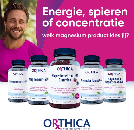 Een lachende man in een roze shirt, naast vijf Orthica-producten: Magnesiumcitraat-200, Magnesium-400, Magnesiumcitraat-150 Gummies, Magnesiumtauraat-60, Magnesium Bisglycinaat-120.