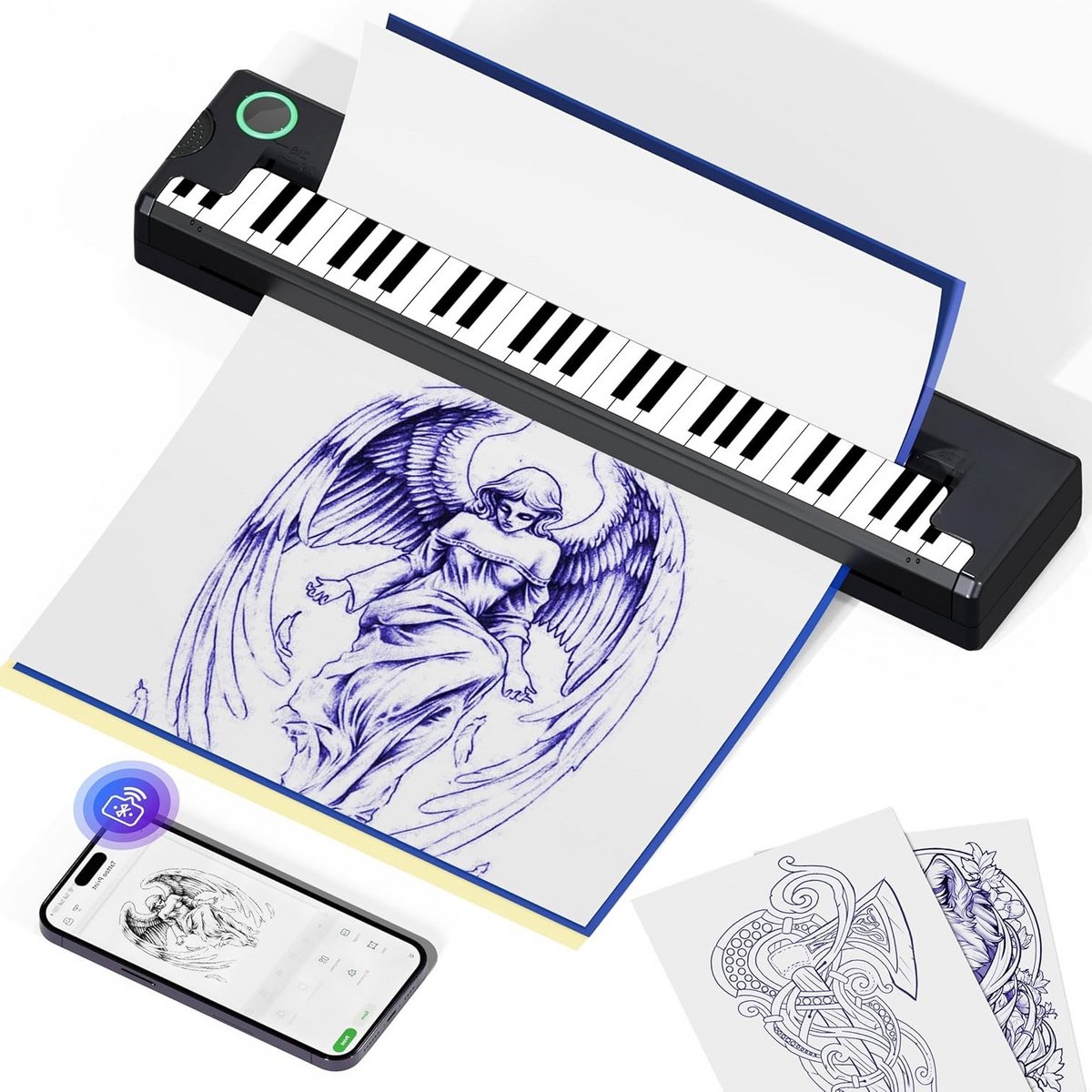 Professionele Tattoo Printer - Thermische Printer - Tattoo Stencil Printer - Stencil Papier Tattoo – te Verbinden met USB of Bluetooth – Met 5 Transfer Papier - Bespaar Tijd – Sterke Prestaties - Zwart