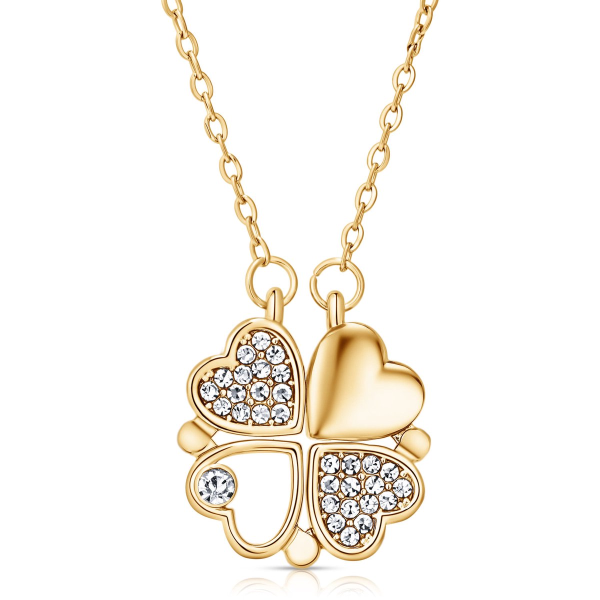 Juwelium Klavertje Vier Hartjes Goldplated Ketting Verstelbaar 40 tot 45 cm met Zirkonia Kristallen in Luxe Sieradendoos en Pluche Teddybeer van 22 cm met "I Love You" Tekst – Perfect Cadeau voor Vrouw, Vriendin, Moeder, Dochter