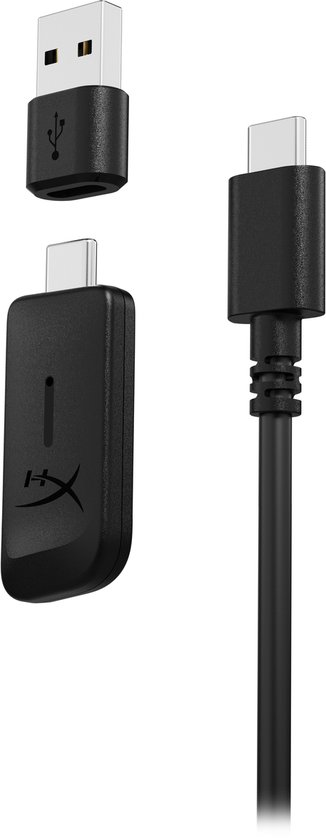 Zwarte USB-C dongle met HyperX logo en een USB-A naar USB-C kabel.