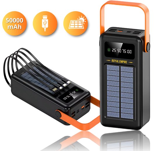 Power Bank Solaire 50000 MAh - Charge Rapide, 4 Ports, Lampe LED, étanche, Pour Téléphone Et Tablette
