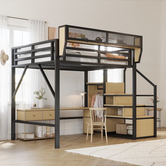Moimhear Hoogslaper 90x200 met veiligheidsladder, kinderbed met ijzeren frame, kledingkast, computertafel, jeugdbed, bed voor volwassenen, wit