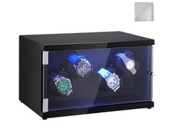 Horlogeopwinder voor 4 Automatische Horloges voor Mannen en Vrouwen，met 2 Superstille Japanse Mabuchi-Motoren, Blauw Led-Lampje en Adapter，Behuizing van Plaat met Hoge Dichtheid en Zwart Pu