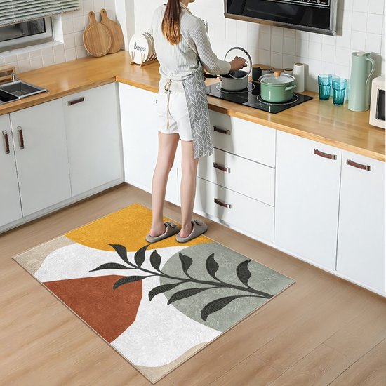 Tapis 80x120 - Tapis de cuisine - Paillasson - Motif feuilles - Lavable et antidérapant - Poils ras