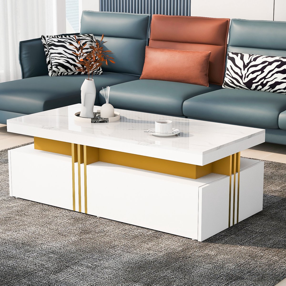 SINGULARITY Salontafel - rechthoekig - hoogglans tafelblad - 2 houten lades - afmetingen: 100 x 50 x 40 cm - Wit