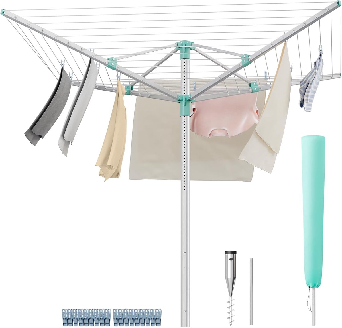 Furnstar Droogrek in hoogte verstelbaar 50 m waslijn voor 5 wasmachineladingen outdoor tuin met bodemhuls wasknijpers zilver-groen LLR301E01