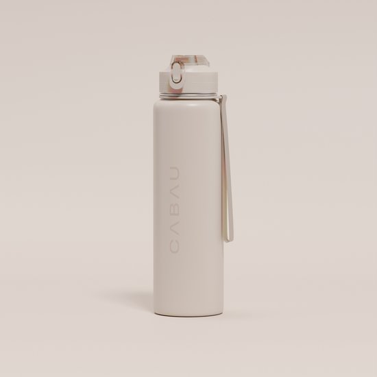 Cabau Bloom RVS Waterfles 870ml Beige | Geïsoleerde BPA-vrije & Lekvrije Thermosfles | Duurzame Herbruikbare Drinkfles met Schoonmaakborstel & Draagkoord | BPA vrij Sportfles Dames | Waterfles Volwassenen | Cadeau voor Haar
