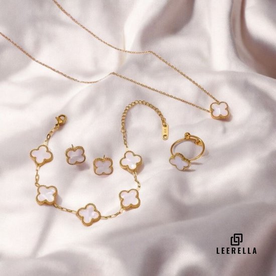 Parure de bijoux de Luxe Leerella Clover Wit : collier, bracelet, Boucles d'oreilles et Ring ajustable
