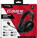 Verpakking van de HyperX Cloud III S Wireless gaming headset. De doos is rood en zwart met een afbeelding van de headset.