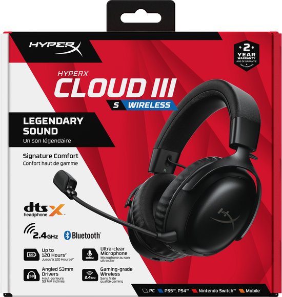 Verpakking van de HyperX Cloud III S Wireless gaming headset. De doos is rood en zwart met een afbeelding van de headset.
