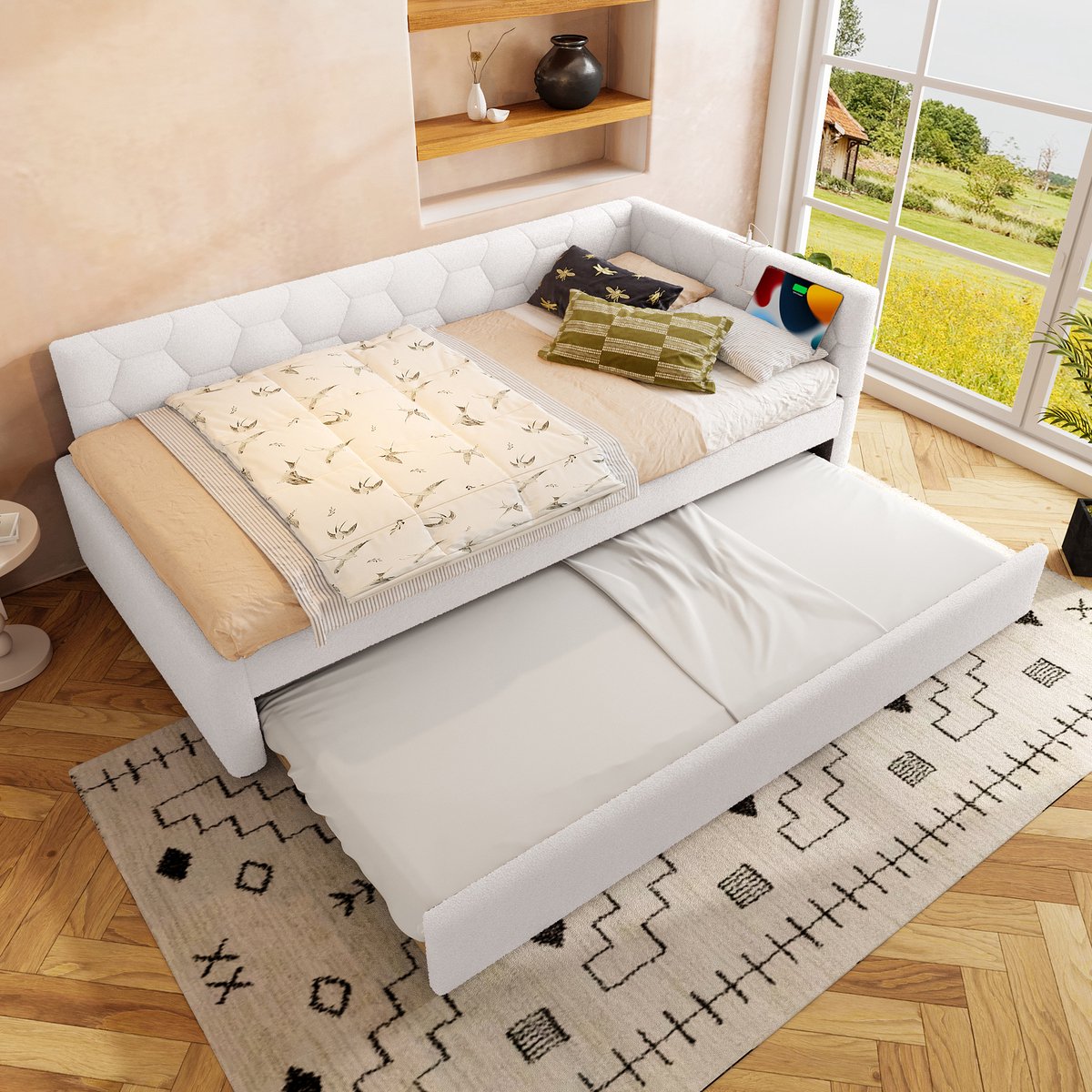 Merax Slaapbank 90x200 cm - met bedlampje - Gestoffeerd bed met uitschuifbaar bed - USB-poort - Type-C - wit - zonder matras