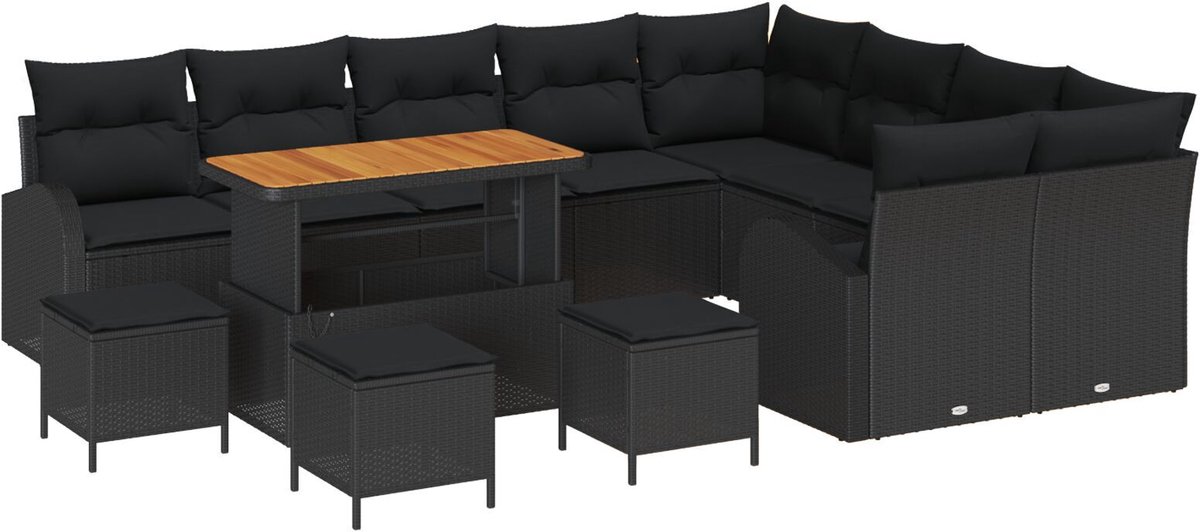 vidaXL - Tuinbank - Set - met - kussen - 12 - pcs - Zwart - poly - rattan