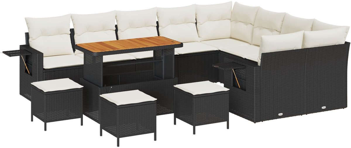vidaXL - Tuinbank - Set - met - kussen - 12 - pcs - Zwart - en - Crème - poly - rattan
