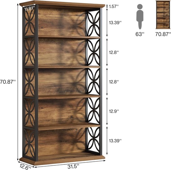 Afmetingen van een bruine houten boekenkast met zwart metalen frame, 70,87 inch hoog.