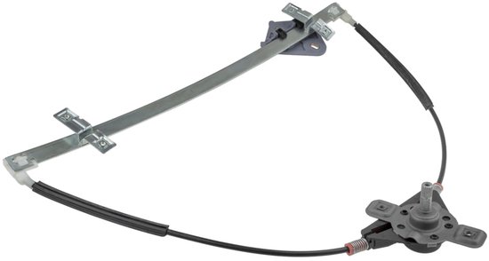 Raammechanisme met een metalen hefboom en een zwarte kabel, bevestigd aan een grijze steun.