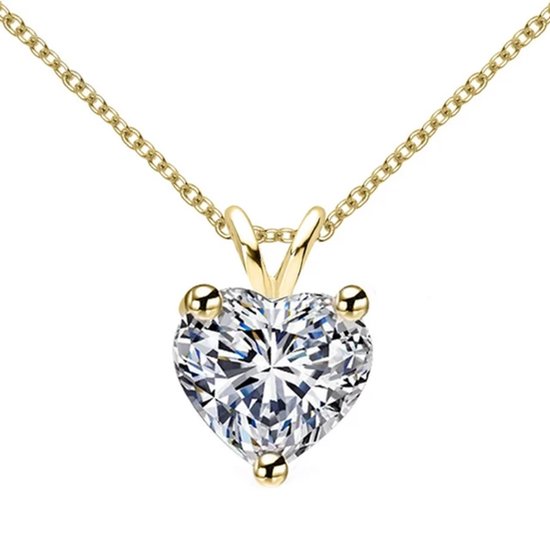 Collier en argent sterling 925 avec cœur en diamant - Moissanite - Couleur D - Plaqué or - 45 cm - 1 ct - Collier femme - Bijoux de mariée