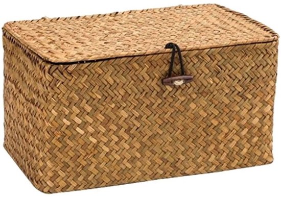 Opbergbox - Boîte de rangement - Panier de rangement - Organisateur - Boîte de tri - Avec bouton - Avec couvercle - Rotin - 26*16*10CM - Marron