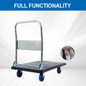 Zwarte inklapbare plateauwagen met zilverkleurig handvat en blauwe wielen. Tekst 'FULL FUNCTIONALITY'.