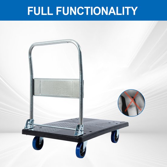 Zwarte inklapbare plateauwagen met zilverkleurig handvat en blauwe wielen. Tekst 'FULL FUNCTIONALITY'.