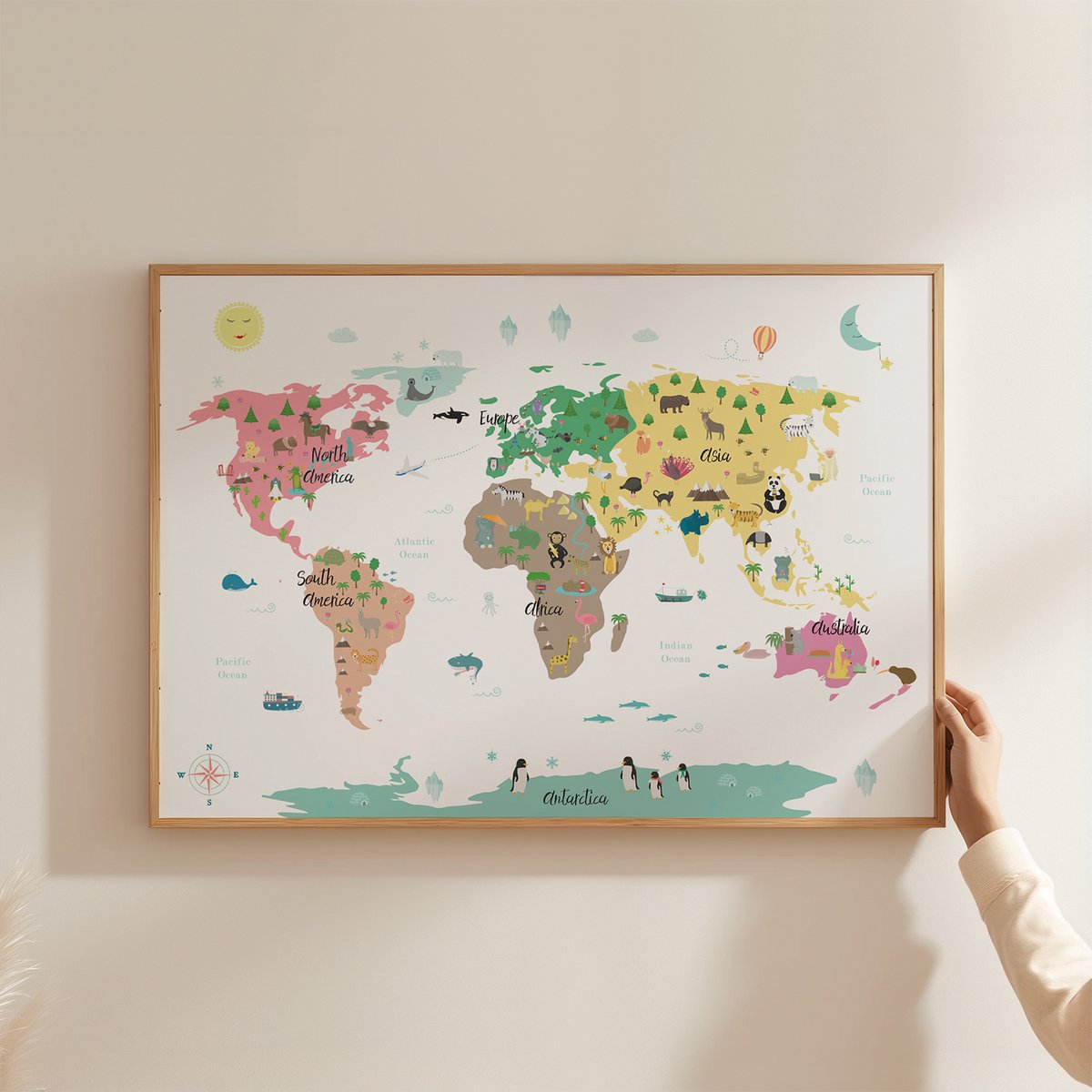 Dieren Wereldkaart Poster voor kinderkamer Wit 50x70 cm
