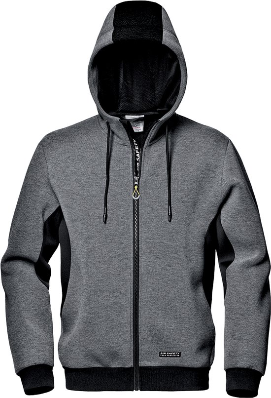 Grijze hoodie met zwarte accenten en ritssluiting. "SIR SAFETY" logo op de rits.