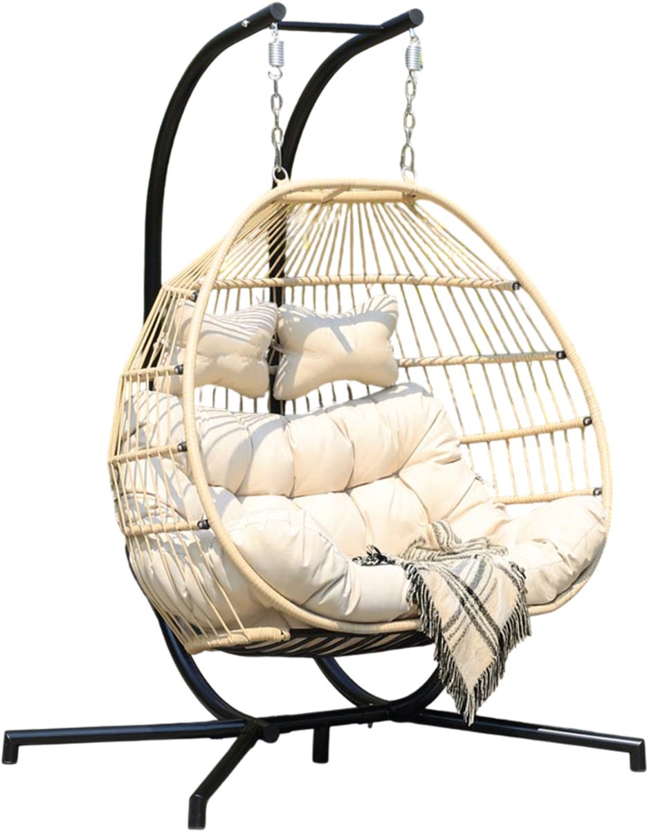 Ogarden Hangstoel Alta - 2 Persoons Hangstoel met Zwart Standaard - Beige Kussen - Opvouwbare Basket - Voor Binnen & Buiten