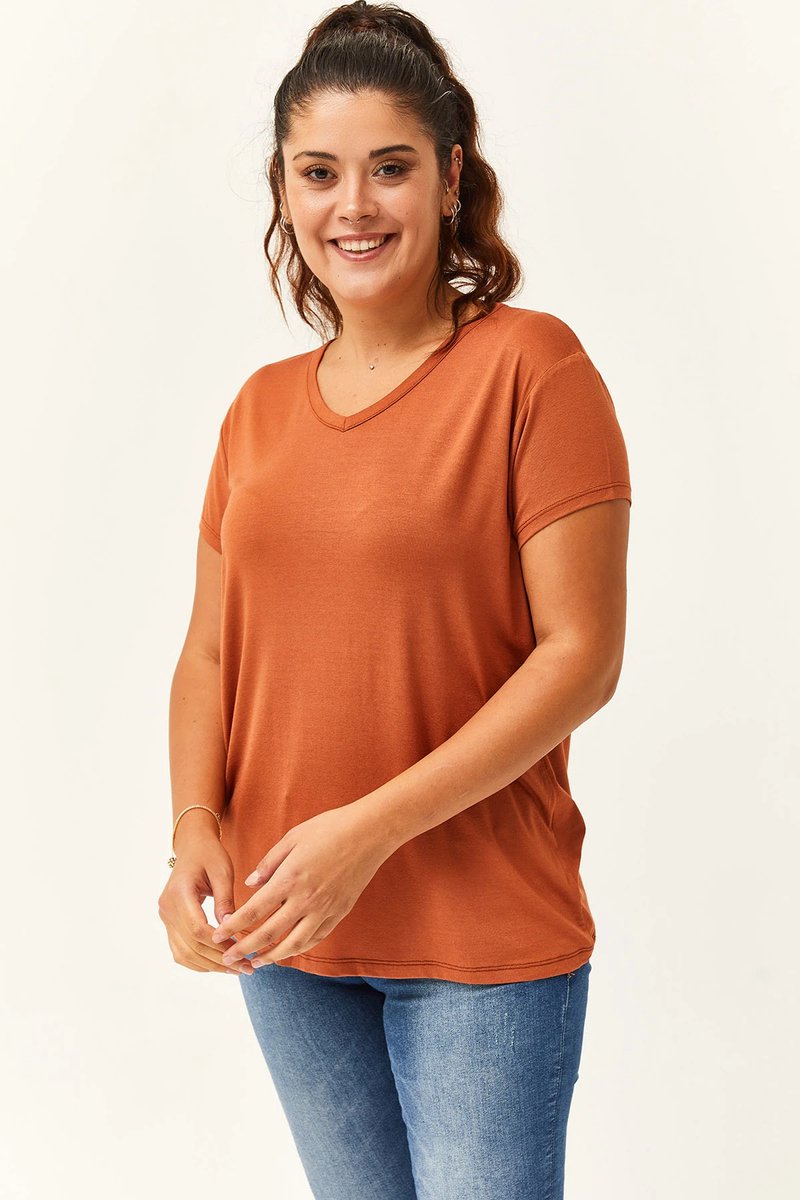 Dames V-Hals Basic Kortemouw T-Shirt in Grote Maten Kastanjerood