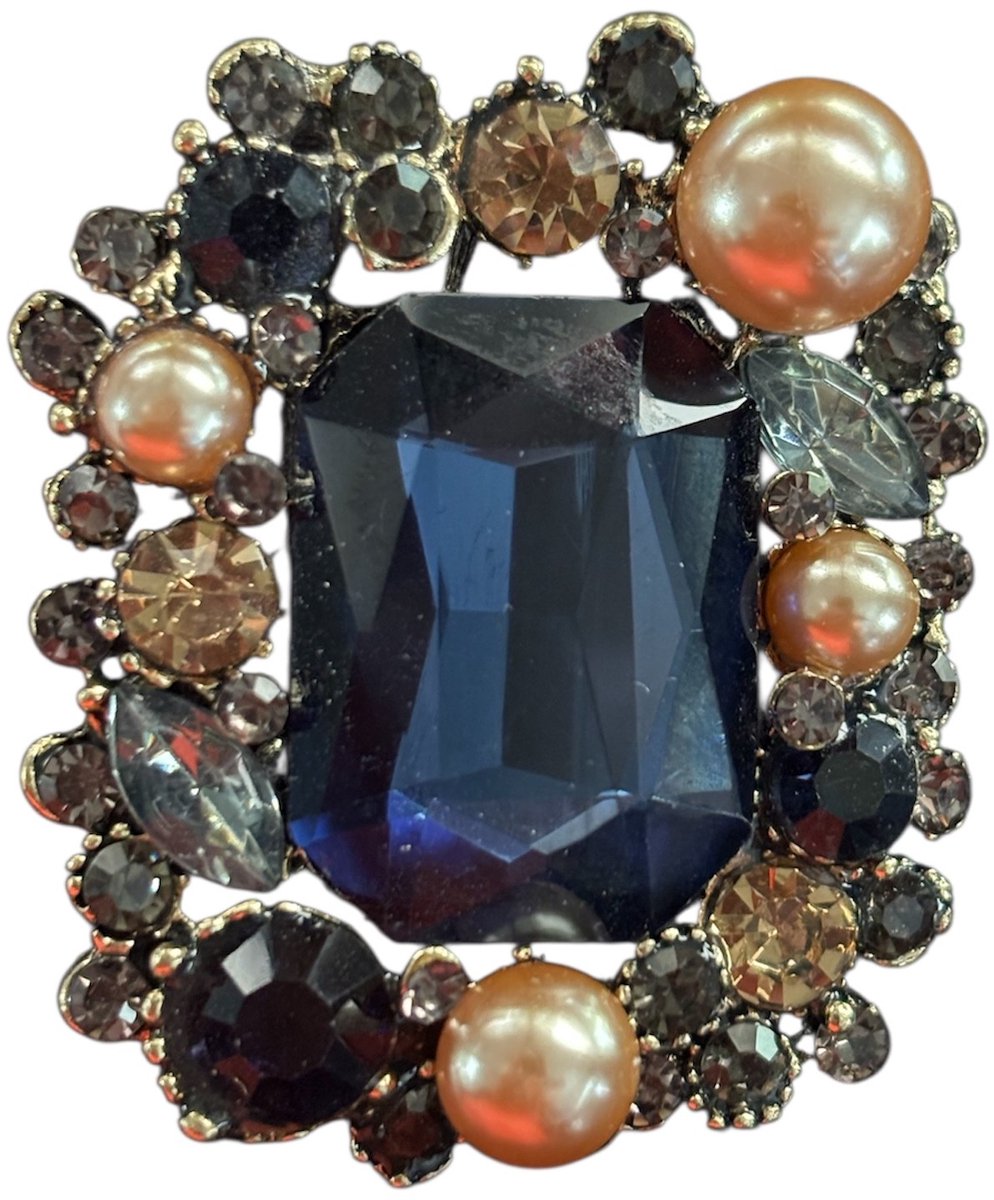 Broche Retro Blauw met imitatie parel ( Goudkleurig ) 4.7 x 4.0 cm