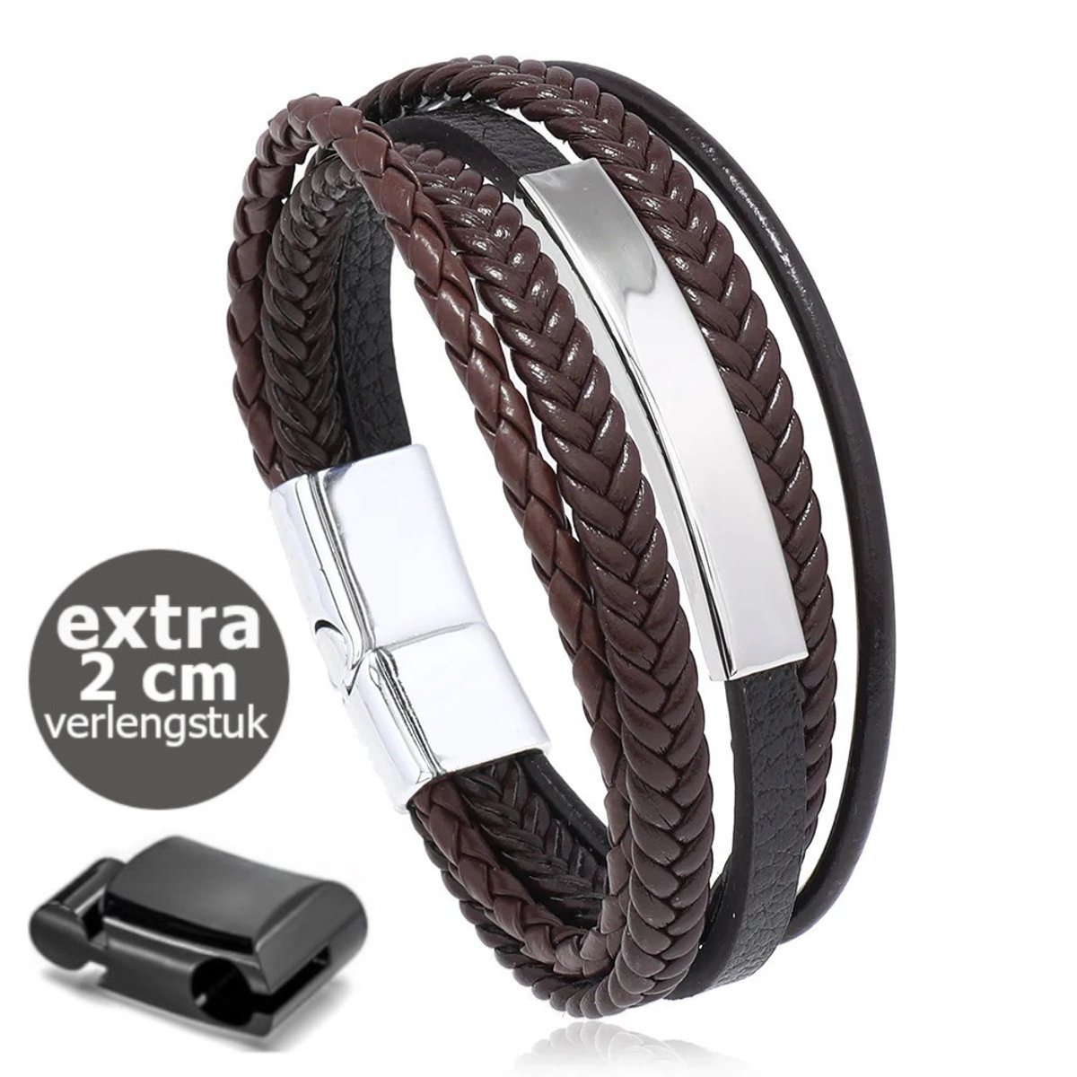 KHRONOX® Armband, Armband Heren, kh02 23 cm BRUIN, Roestvrij Staal, Armbanden, Leren Armband Heren, Leren Armband, Leren Armbanden, Armbandje, Kunstleer, Mannen, Magnetische Sluiting, + 2 CM Verlengstuk, Verjaardag, Vaderdag, Valentijnsdag, Cadeautje