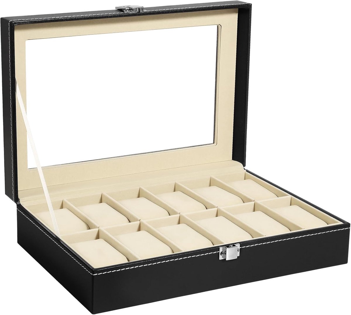 Uten Luxe Horlogedoos - HorlogeBox Heren Dames - Sieradendoos - 12 vakken - Beige Zwart