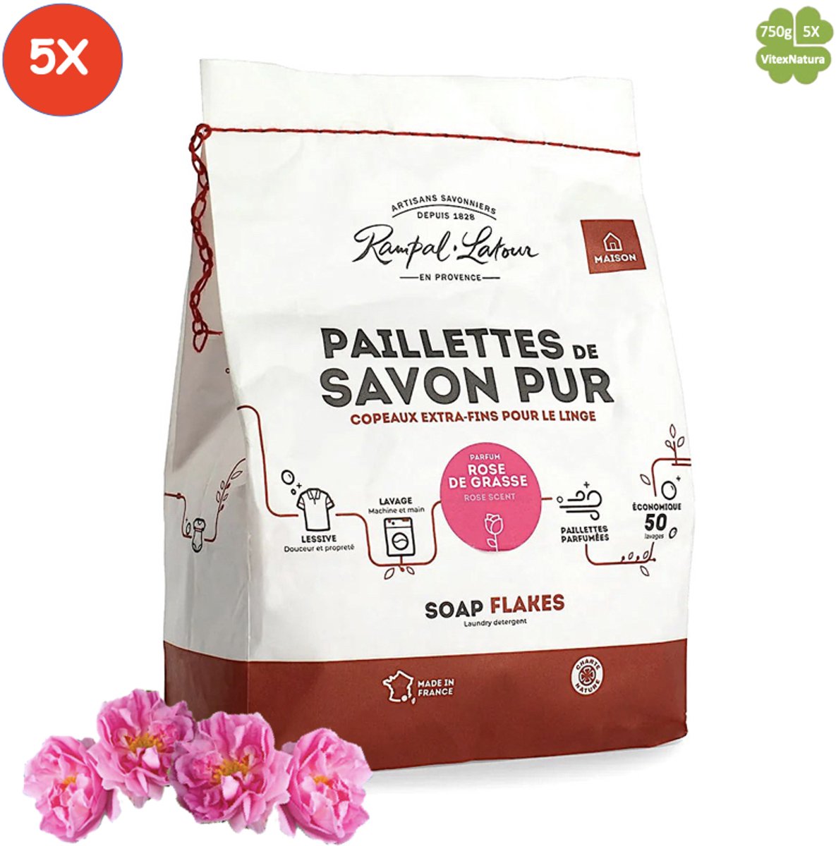 Marseille zeepvlokken rozen geur 5x 750g | Rampal Latour | Zuinig Ecologisch Milieuvriendelijk Hypoallergeen | Zonder conserveermiddel