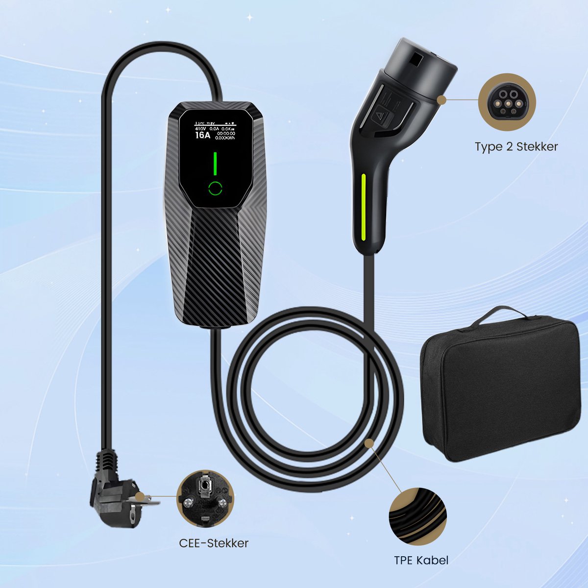 JUNSUN Draagbare 3.68kW 16A EV Laadkabel - Type 2, LCD Scherm