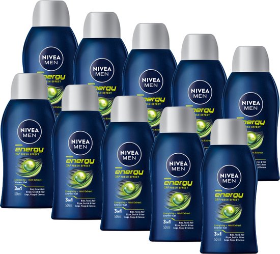 Tien donkerblauwe NIVEA MEN Energy douchegel flesjes met witte doppen, met groene energiebal op etiket.