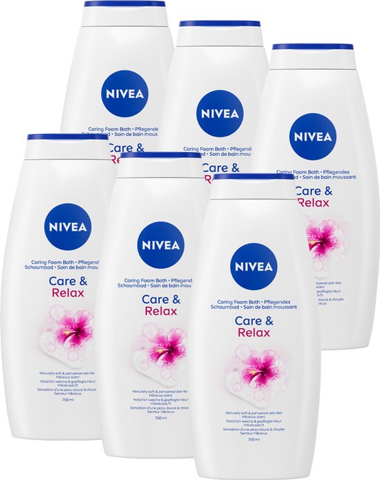 Groep van zes witte NIVEA Care & Relax douchegel flessen, elk met een roze hibiscus bloem.