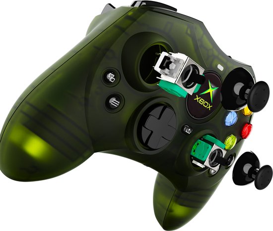 Exploded view van een doorzichtige groene Xbox controller, met interne mechanische details zichtbaar.