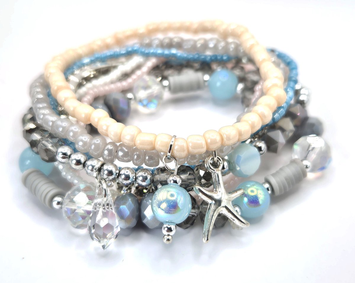 LiLaLove Kralenarmbanden Dames- Armbandenset 8 stuks- Blauw Zilver Grijs- Zeester Armband- Vrouw- Moederdag