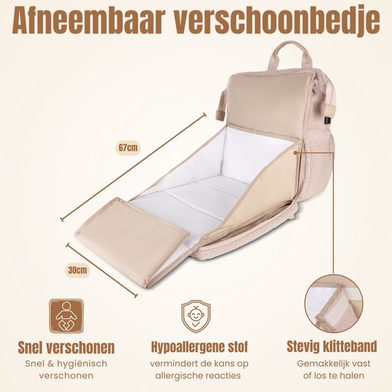 Drymon® Premium Luiertas - Ingebouwd Verschoonbed - Inclusief Flessenwarmer & Kinderwagenhaken t.w.v. €30 euro - 25L - Verzorgingstas - Waterafstotend - Beige - Exclusieve Teddy uitvoering van Drymon — afbeelding 5