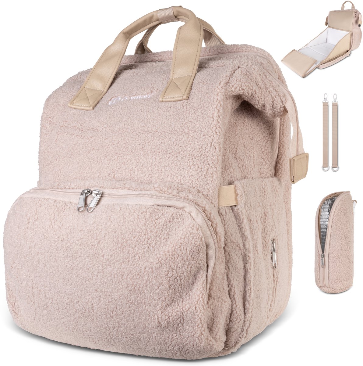 Drymon® Premium Luiertas – Ingebouwd Verschoonbed – Inclusief Flessenwarmer & Kinderwagenhaken – 25L – Babycadeau - Verzorgingstas - Waterafstotend – Beige – Exclusieve Teddy uitvoering
