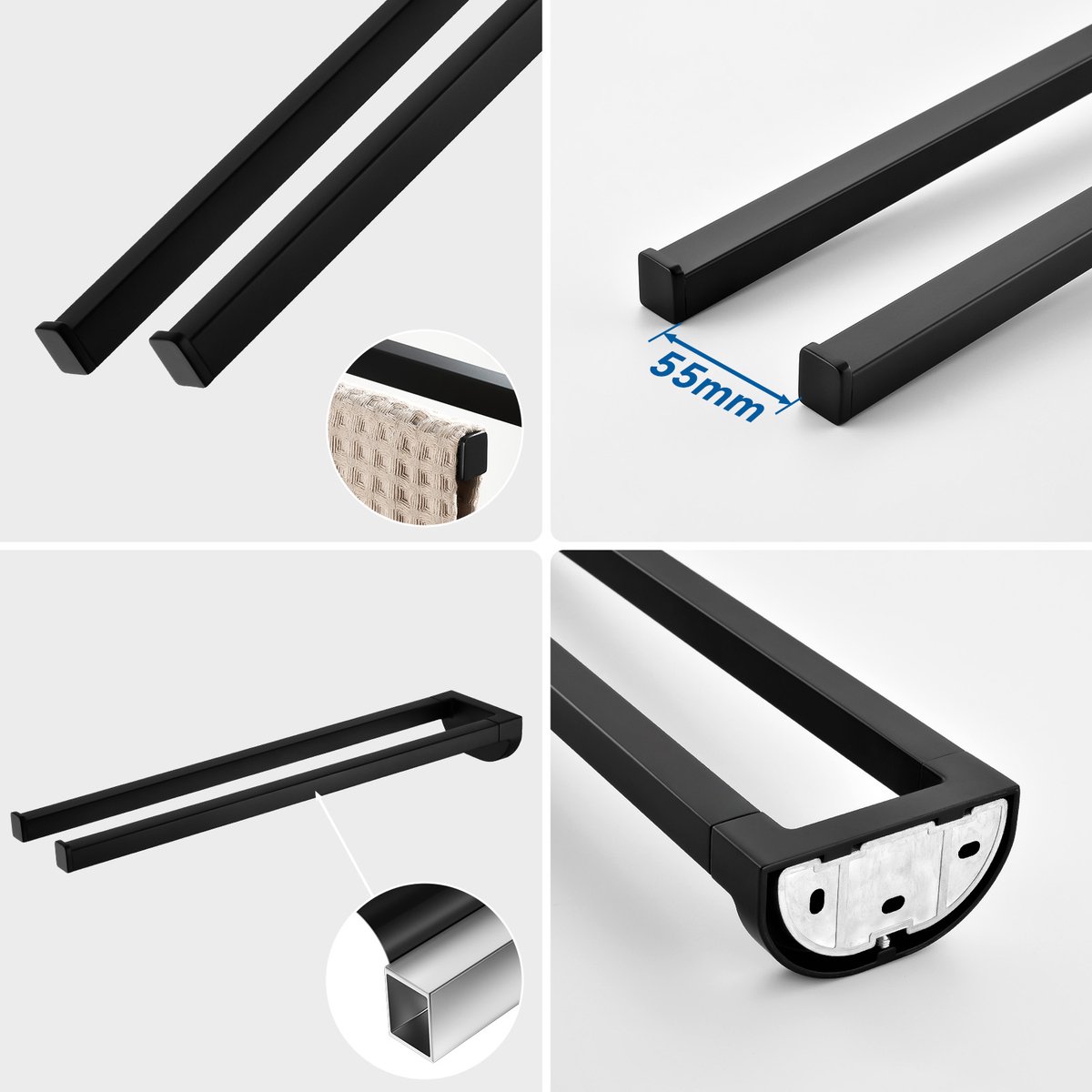 Auralum 2-in-1 Handdoekhouder Zwart - Zonder Boren Of Met Boren, Dubbele Handdoekstang 42cm