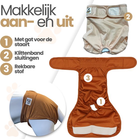 Beige hondenbroekje, opengewerkt bruin broekje, en een bruin broekje met nummers 1, 2, 3. Makkelijk aan en uit.