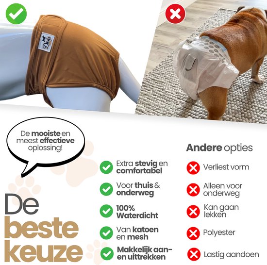 Bruin hondenbroekje met 'Dogs&Co' label op een dummy. Vergelijking met een hond met een wegwerpluier. 'De beste keuze'.