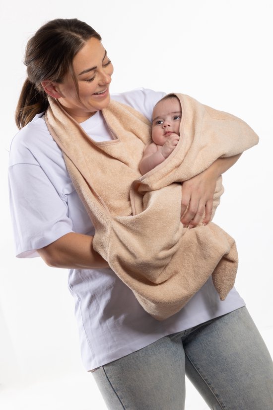 Luvrili badcape - Baby badcape - Twee handen vrij om je baby veilig en warm af te drogen - Badcape met capuchon - Badcape met buidel - babyshower - 100% katoen