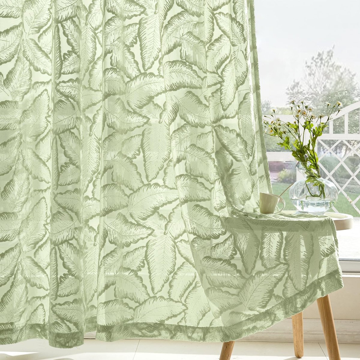 Ibenzoa Elegante Halftransparante Gordijnen met Bladpatroon, Ideaal voor Woonkamers en Slaapkamers, Set van 2, Groen