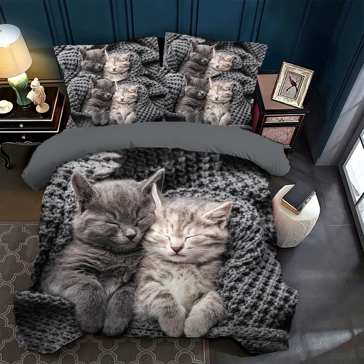 Ibenzoa® Beddengoedset met 3D Kattenprint en Verborgen Sluiting voor Dubbelbed, Inclusief Kussenslopen