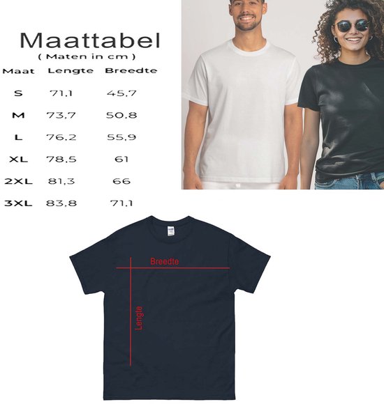 Maattabel voor T-shirts met de maten S tot 3XL en afmetingen in cm.